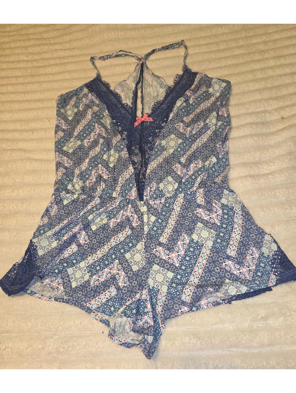 Victoria's Secret Blue Lace Trim Patterned Romper Size LG